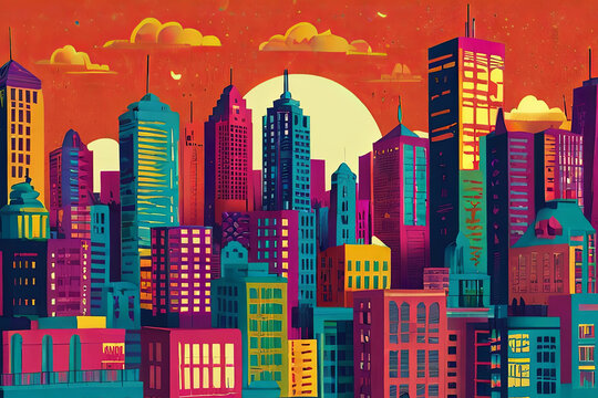 Vibrant metropolis. Risograph-style seamless pattern of city skyline. Dynamic and colorful urban design