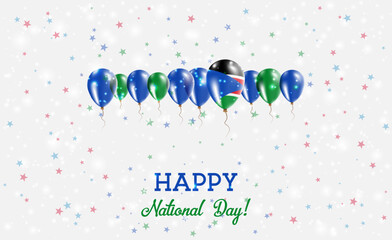 South Sudan Independence Day Sparkling Patriotic Poster. Row of Balloons in Colors of the South Sudanese Flag. Greeting Card with National Flags, Confetti and Stars.