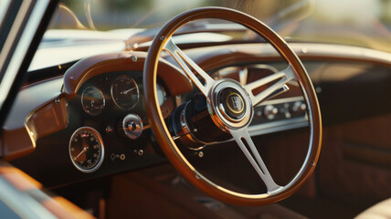 Vintage car interior with a wooden steering wheel and classic dashboard gauges.