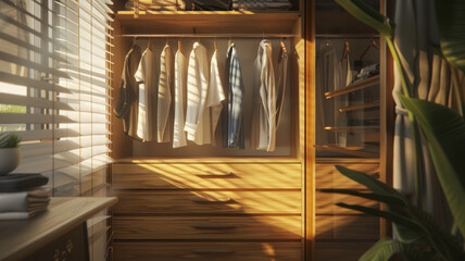 Serene wardrobe arrangement bathed in soft sunlight filtering through blinds.