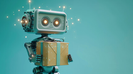 Fototapeta premium Adorable robotic character holding a gift box, set against a festive aqua background with sparkling lights..