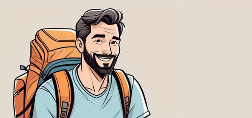 A man with black hair, beard, backpack, and a smiling gesture