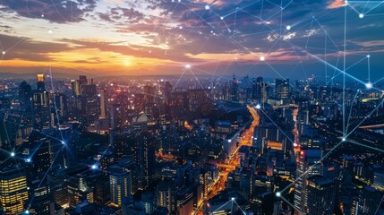 Fototapeta premium city photo with data connection and global business networking structure, copy space, 16:9