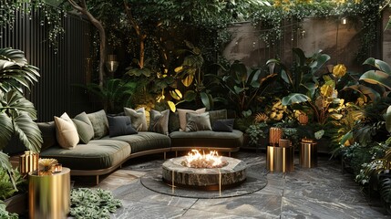 A glamorous outdoor lounge featuring a fire pit surrounded by velvet cushions, gilded side tables, and lush greenery creating an oasis of elegance.