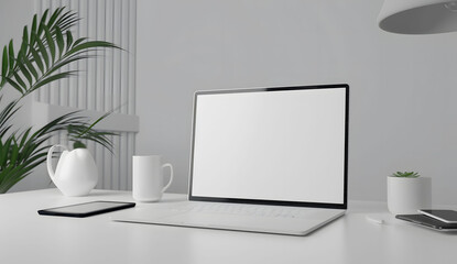 3D render of a laptop mockup with a blank screen on the table, accompanied by a phone and tablet. The setup is placed on a white background with a green plant. - obrazy, fototapety, plakaty