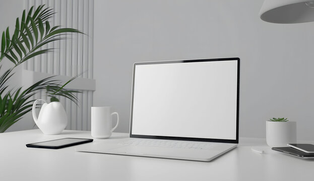 3D render of a laptop mockup with a blank screen on the table, accompanied by a phone and tablet. The setup is placed on a white background with a green plant.