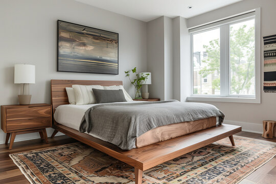 A modern bedroom, minimalist furniture, walnut bed and beautiful painting