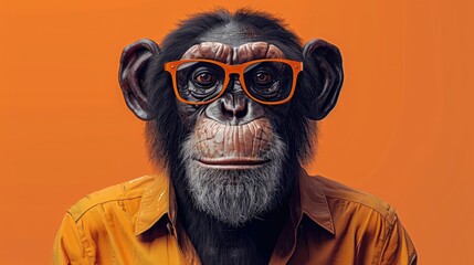 Chimpanzee in a jacket with orange glasses.