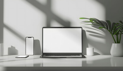 3D render of a laptop mockup with a blank screen on the table, accompanied by a phone and tablet. The setup is placed on a white background with a green plant. - obrazy, fototapety, plakaty