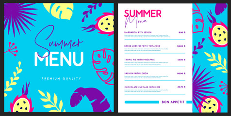 Retro summer restaurant menu design with tropic leaves pattern and pitahaya. Vector illustration