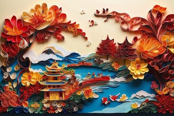 Chinese architecture and dragon made from paper quilling