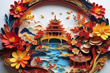 Obraz premium Chinese architecture and dragon made from paper quilling