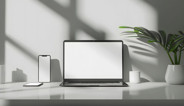 3D render of a laptop mockup with a blank screen on the table, accompanied by a phone and tablet. The setup is placed on a white background with a green plant.