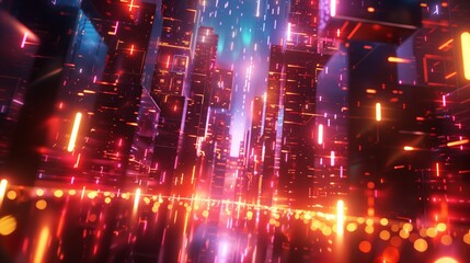 Abstract digital background with glowing neon lights and geometric shapes, representing urban nightlife. Nightlife and entertainment concep