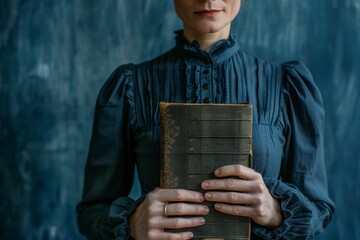 Confident female English teacher holding a classic novel in a vintage classroom setting