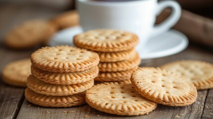 A close-up of stacked golden biscuits with a white teacup in the background. - obrazy, fototapety, plakaty