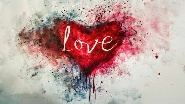 A vibrant red heart with the word love set against a chaotic, splattered paint backdrop.