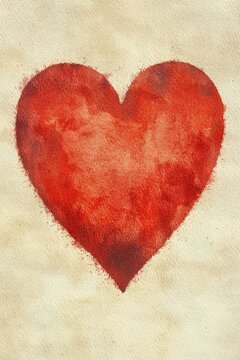 Vivid red heart painted on textured paper, conveying love and affection.