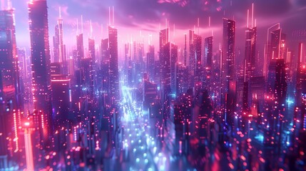 Fototapeta na wymiar Abstract digital cityscape with skyscrapers and neon lights, representing urban development. Futuristic city concept.