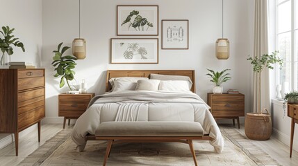 A bright and inviting bedroom with a botanical theme, wooden furniture, and natural textures, creating a serene and welcoming space.