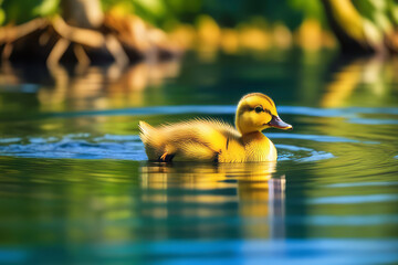 little yellow duckling swimming towards the camera