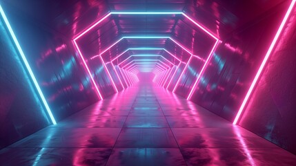 Fototapeta premium Abstract futuristic tunnel with neon lights and geometric patterns. Technology and innovation concept