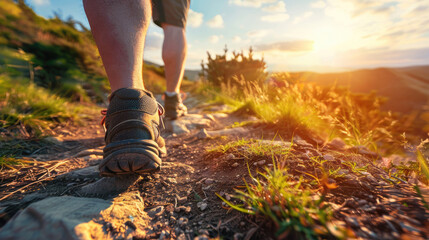 Close-up of legs of a traveler in hiking boots walking on a path in the mountains with the beautiful view of the sunset