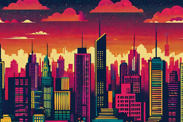 Vibrant metropolis. Risograph-style seamless pattern of city skyline. Dynamic and colorful urban...