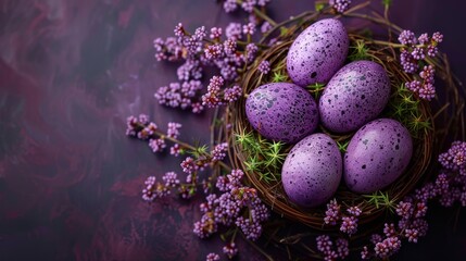 Obraz na płótnie Canvas a basket filled with purple speckled eggs sitting on top of a purple and green table cloth next to purple flowers.