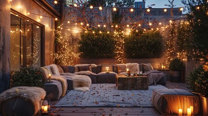 A luxurious outdoor patio with plush seating areas adorned with faux fur throws under twinkling string lights for al fresco glamour.