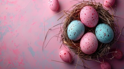 Naklejka na ściany i meble a nest filled with pink and blue speckled eggs on top of a pink and blue background with pink speckles.