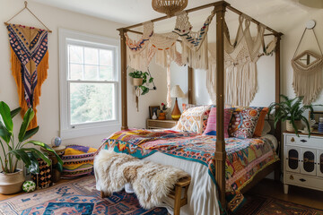 A bright and airy bohemian bedroom with colorful textiles, macrame wall hangings, and a canopy bed,