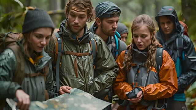 A Photo of a Group of Hikers Consulting a Trail Map in a Forest,generative ai