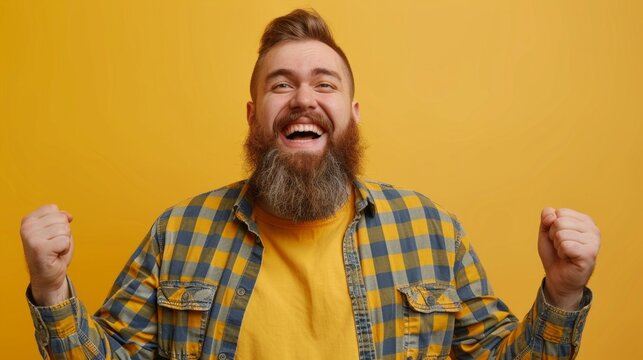 Happy bearded man rise hands up and laughs at the camera on yellow background