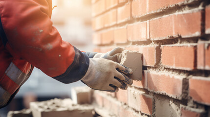 Bricklayer worker installing brick