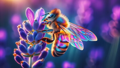 A colorful bee is hovering over a purple flower