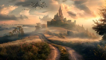 Papier Peint photo Gris A road to a fantasy landscape with a castle on a hill