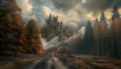 A road to a fantasy landscape with a castle on a hill