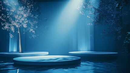 Blue water fountain in the night sky with moonlight, surrounded by bright lights, clouds, and trees near the sea