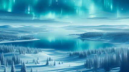 Tranquil Winter Twilight: Snowy Landscape, Icy Lake, Frosted Trees, Majestic Mountains, Ethereal Reflections