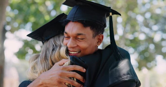 Happy, graduation and students hug in college or university campus to celebrate school diploma or goals. Love, graduate scholarship or excited friends with education in nature or park with success