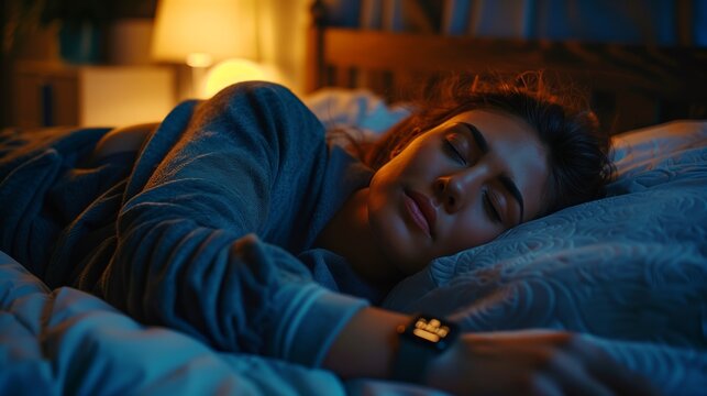 Person sleeping soundly in a comfortable bed with a sleep tracker on their wrist, illustrating the importance of quality sleep for overall health, Sleep tracking for better health concept
