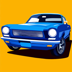 Blue classic car front view isolated on yellow background.