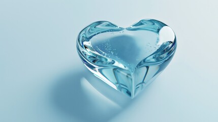Heart shaped water droplet on light blue background.