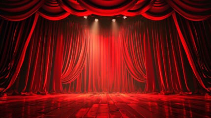 Red stage curtains with spotlight, cinema backdrop, event presentation, entertainment scene, theater ambiance, vibrant fabric, illuminated stage, theatrical performance