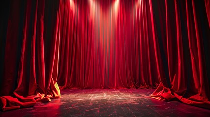 Red stage curtains adorn a theater stage, creating an ambiance for entertainment and artistic presentations with spotlight highlighting the scene - obrazy, fototapety, plakaty