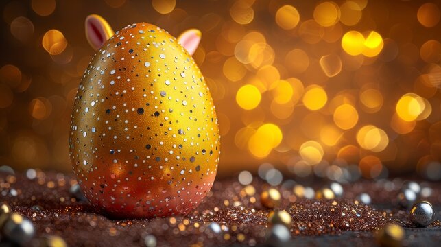a close up of an easter egg on a table with a boket of lights in the back ground.