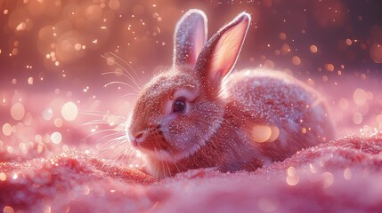 Fototapeta na wymiar a close up of a rabbit laying on a bed of snow with a blurry background and boke of light.