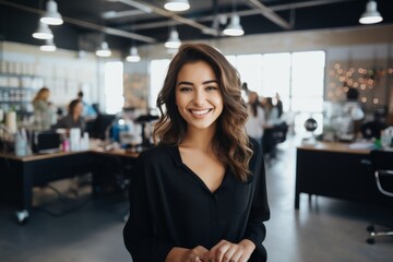 Stylish woman smiling in a busy hair salon with a warm ambiance