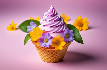 Artificial flowerfilled waffle cone on pink background